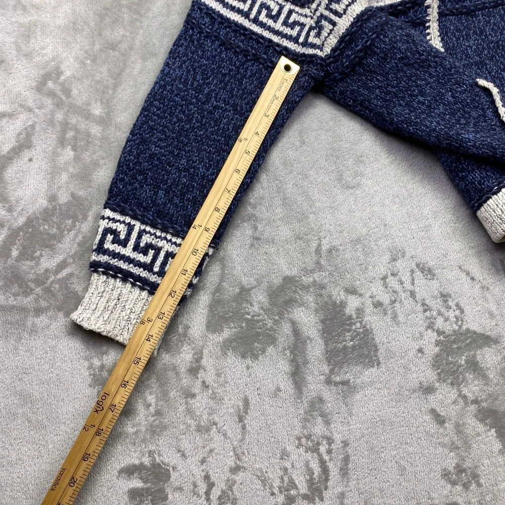 Vintage‎ Portugal Wool Blend Full Zip Greek Key Cardigan Sweater Blue White
